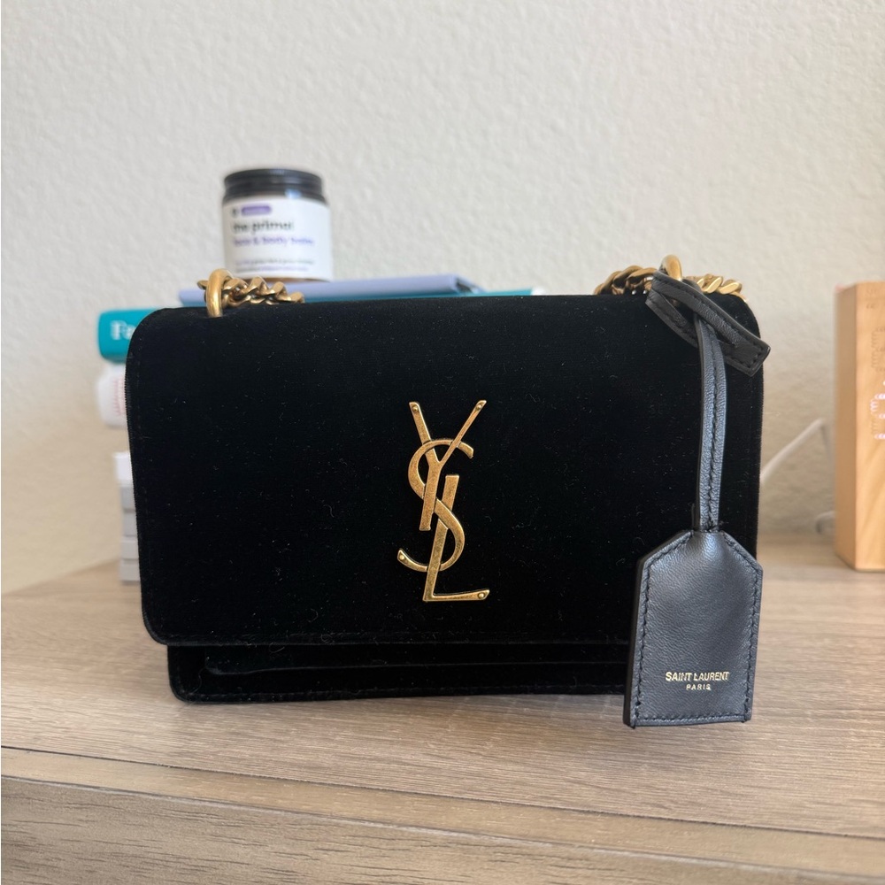 Yves Saint Laurent Black Velvet Crossbody Bag with Gold Accents